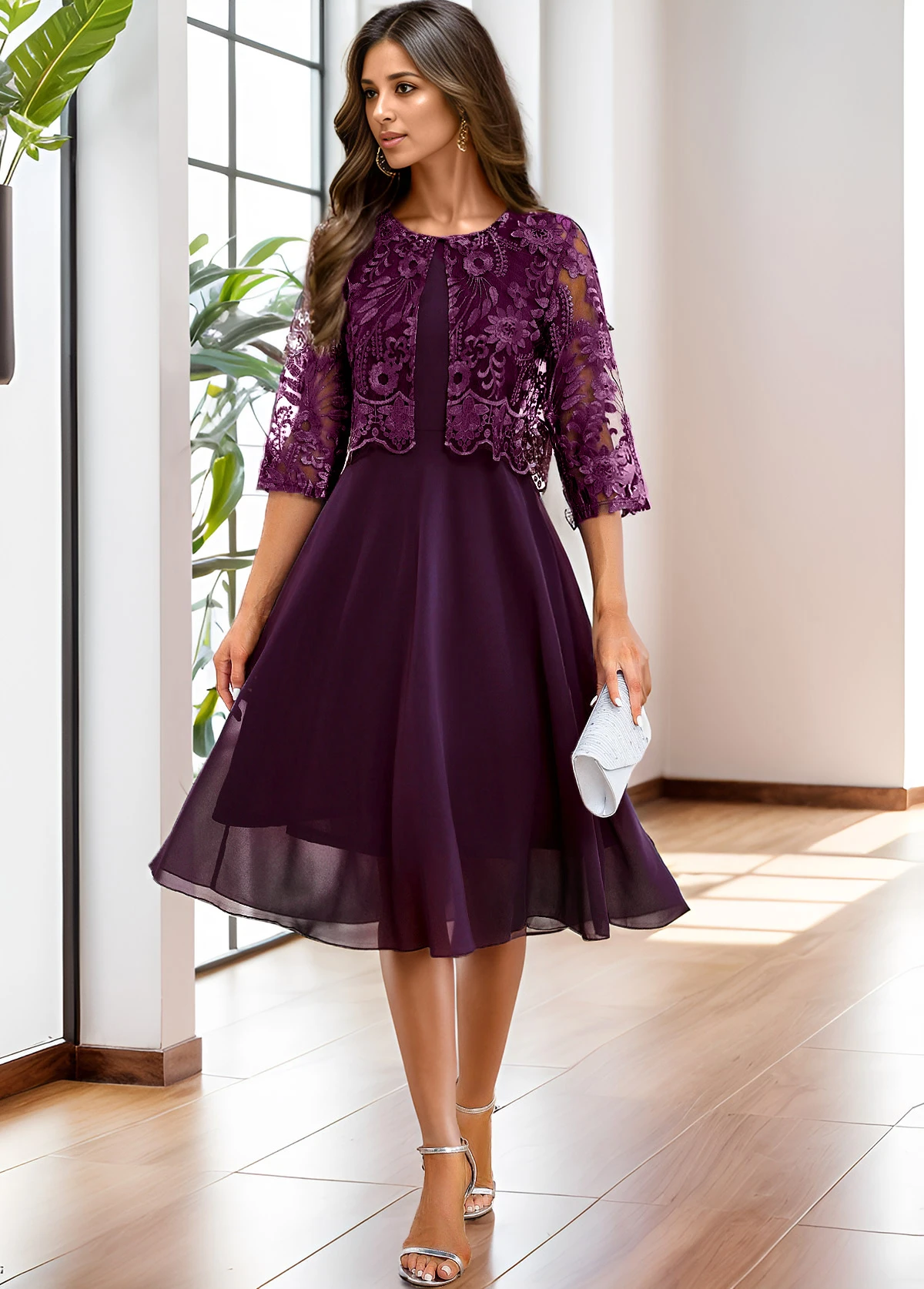 Dark Purple Lace Embroidery A Line Dress - Image 8