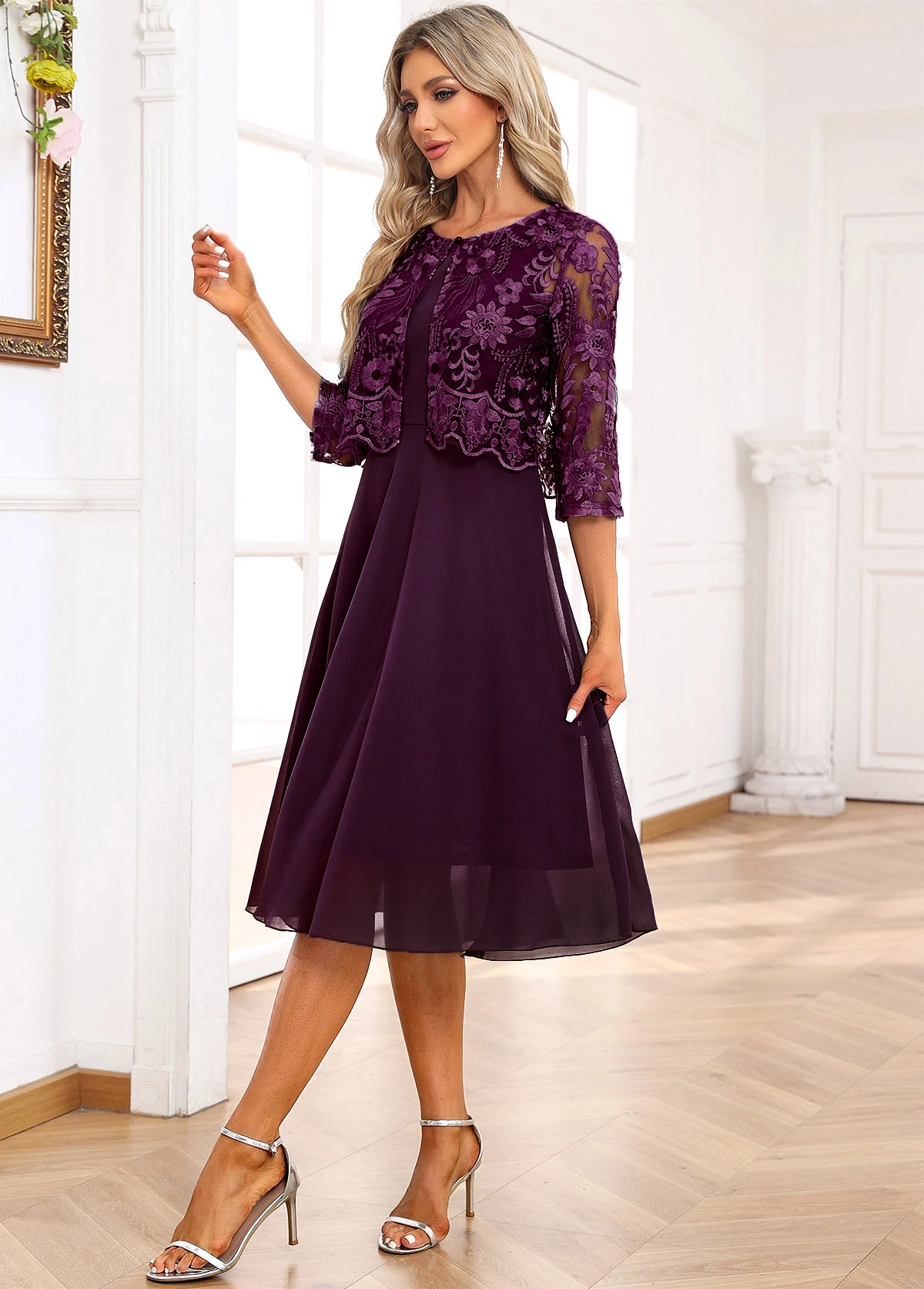Dark Purple Lace Embroidery A Line Dress - Image 3