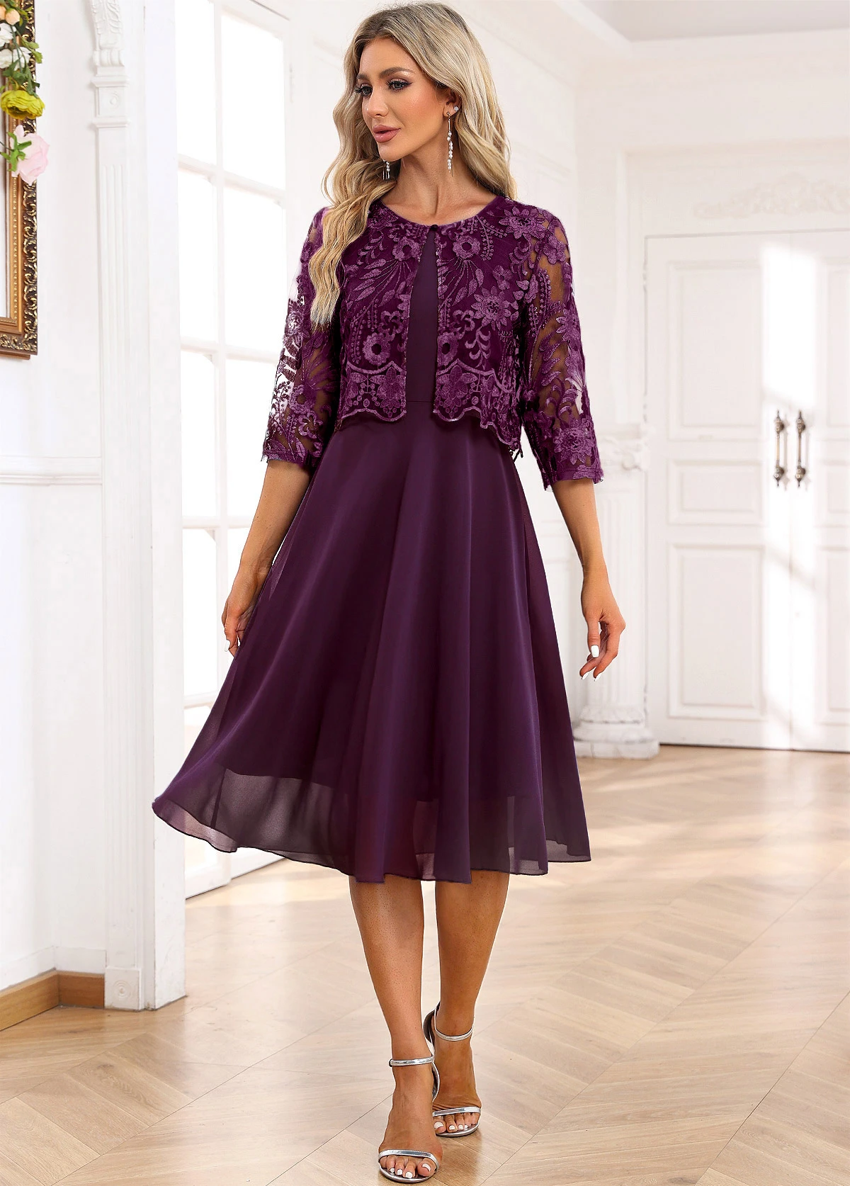 Dark Purple Lace Embroidery A Line Dress - Image 5
