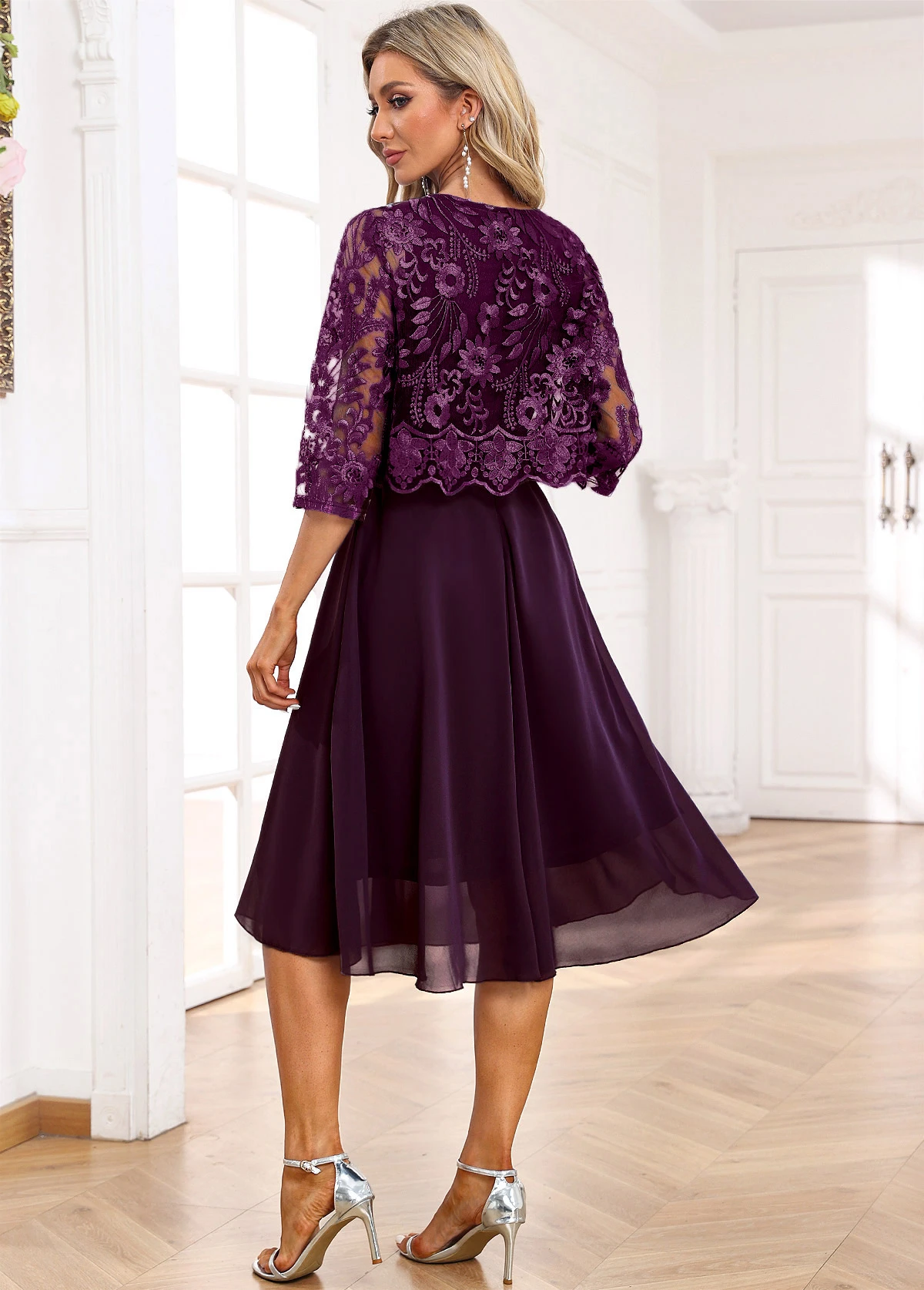 Dark Purple Lace Embroidery A Line Dress - Image 2