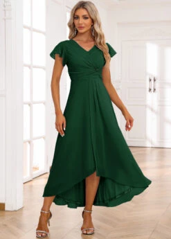 Blackish Green Twist High Low Short Sleeve Dress