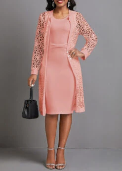 Pink Two Piece Long Sleeve Round Neck Dress And Cardigan