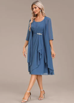 Blue Two Piece Suit Round Neck Dress And Cardigan