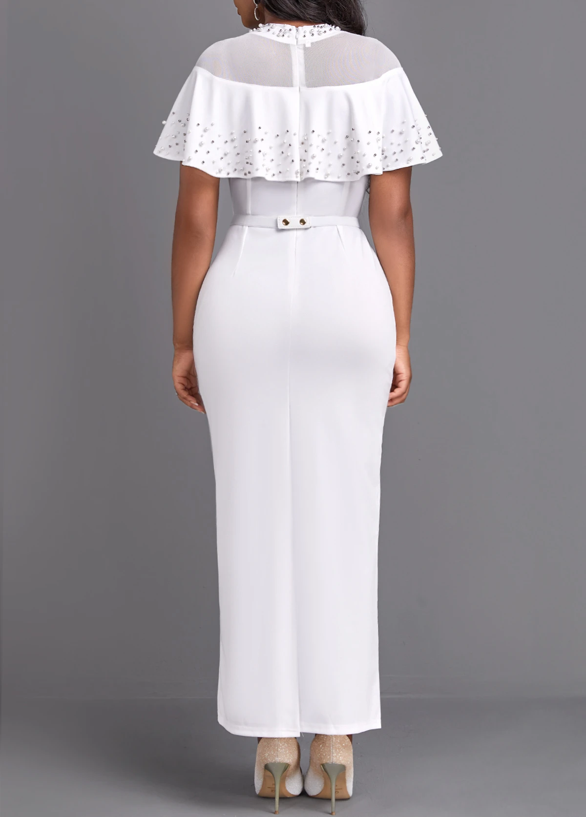 White Pearl Belted Short Sleeve Maxi Bodycon Dress - Image 2