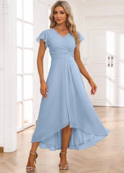 Light Blue Twist High Low Short Sleeve Dress