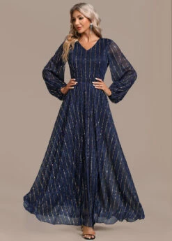 Navy Hot Stamping Long Sleeve Maxi Dress