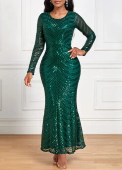 Blackish Green Sequin Long Sleeve Maxi Bodycon Dress