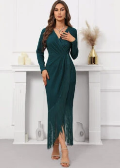 Blackish Green Tassel Long Sleeve Dress