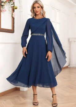 Navy Asymmetry Long Sleeve Boat Neck Dress