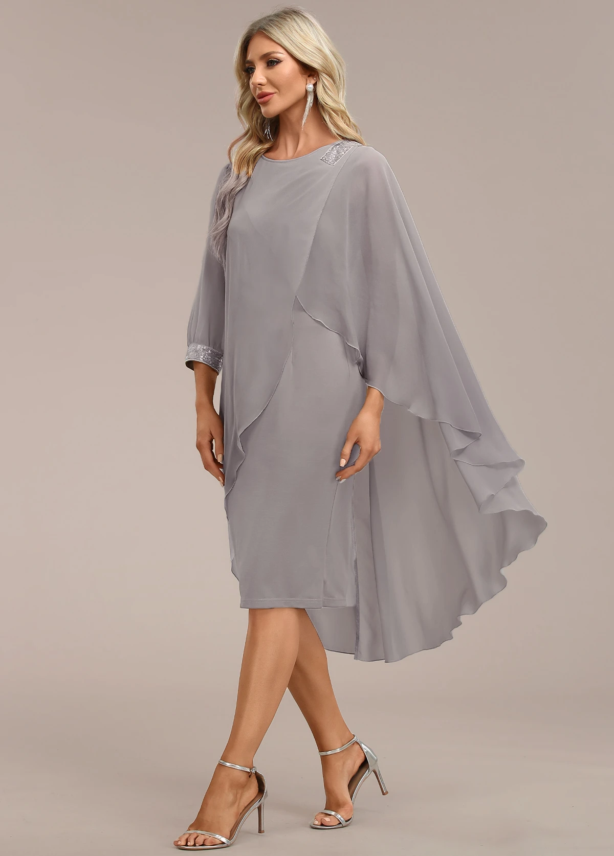 Grey Asymmetry Long Sleeve Zipper Back Dress - Image 6