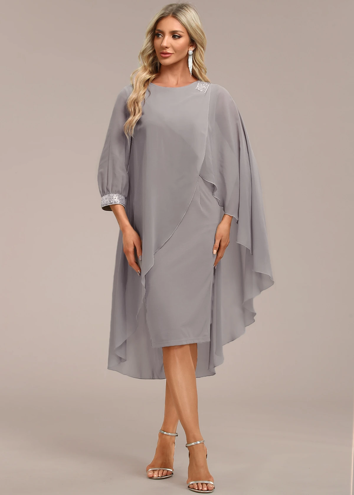 Grey Asymmetry Long Sleeve Zipper Back Dress - Image 5