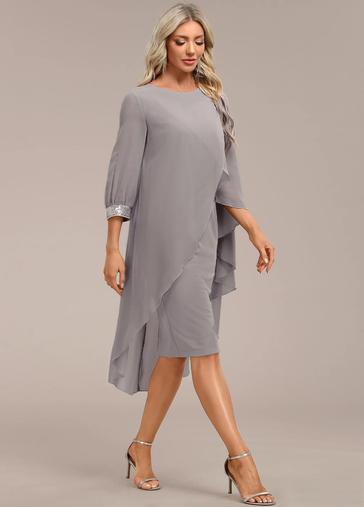 Grey Asymmetry Long Sleeve Zipper Back Dress - Image 4