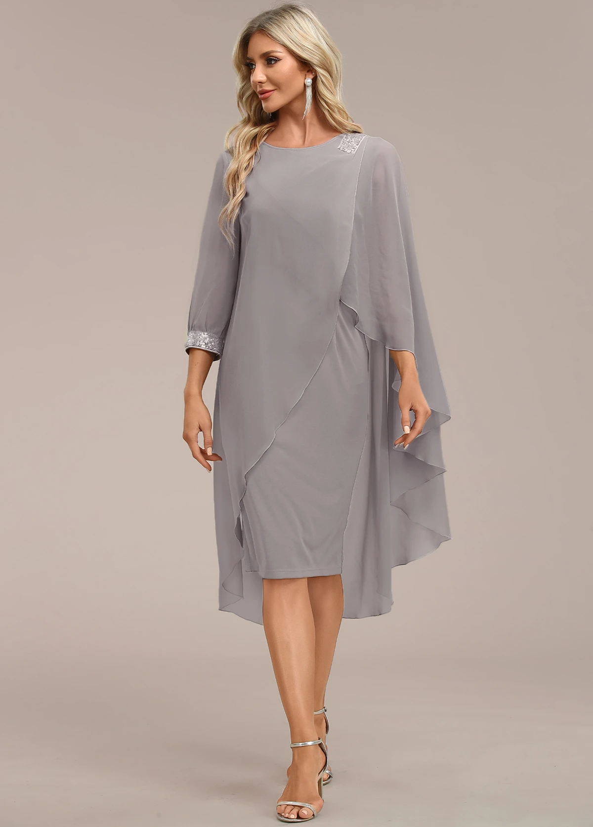 Grey Asymmetry Long Sleeve Zipper Back Dress