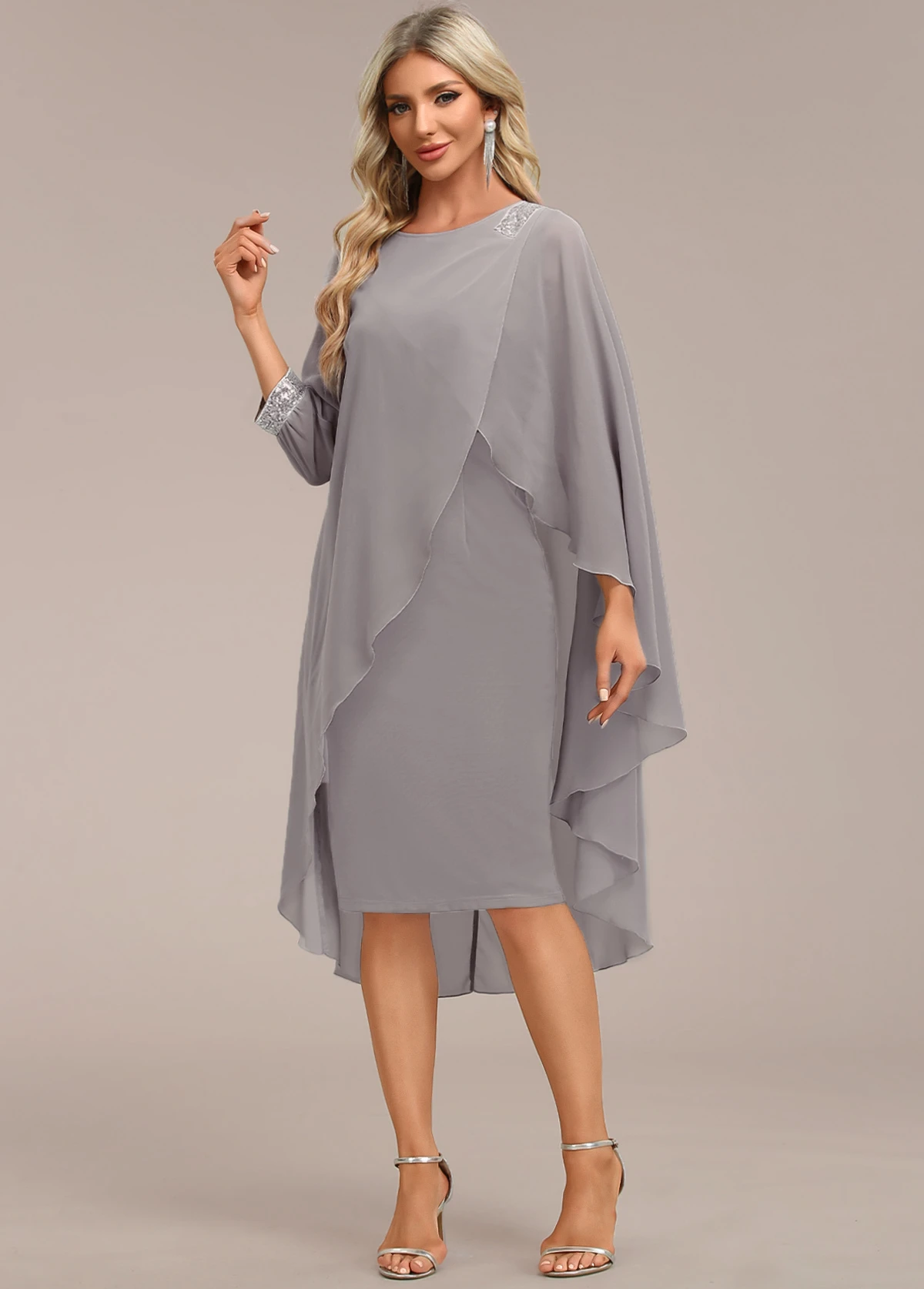 Grey Asymmetry Long Sleeve Zipper Back Dress - Image 3