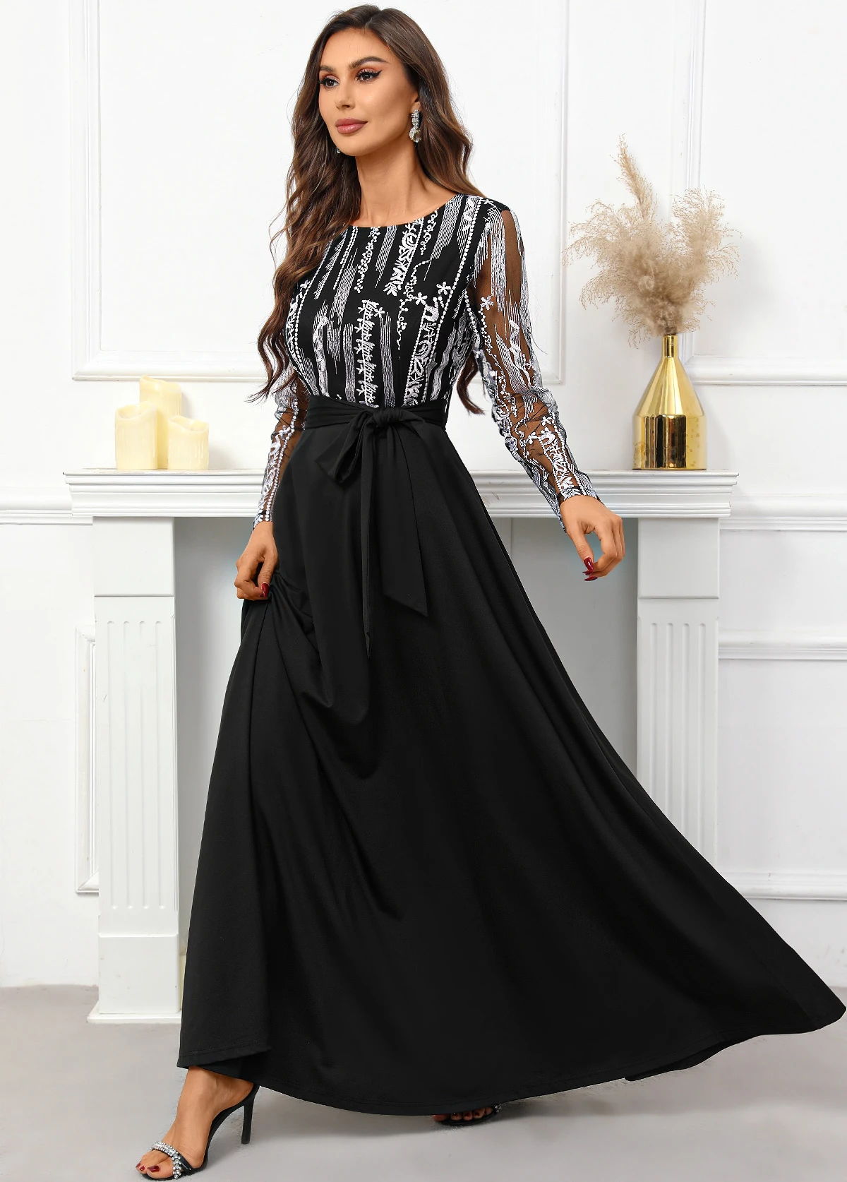 Black Breathable Belted Long Sleeve Scoop Neck Dress - Image 6