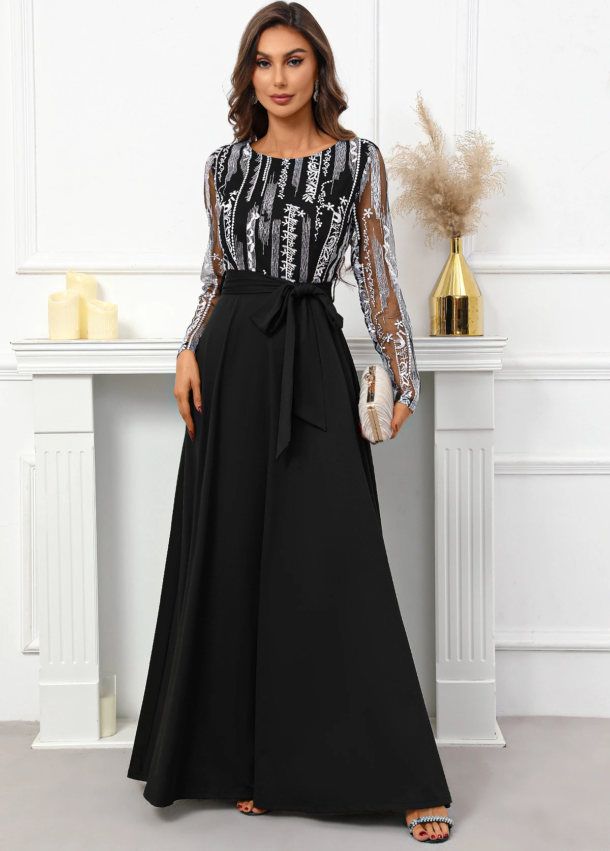 Black Breathable Belted Long Sleeve Scoop Neck Dress - Image 3