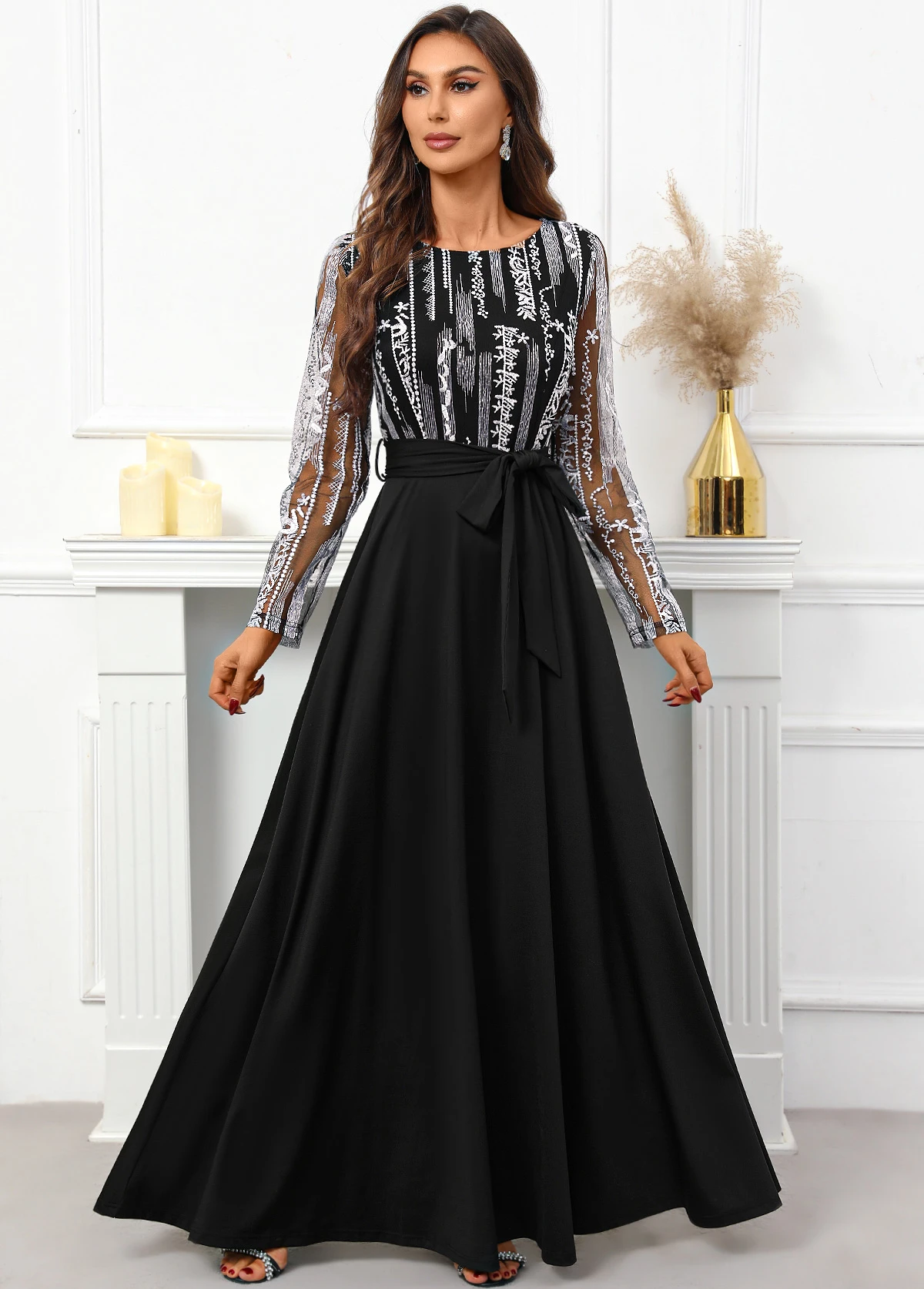 Black Breathable Belted Long Sleeve Scoop Neck Dress - Image 5