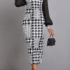 Black Split Plaid Long Sleeve High Neck Bodycon Dress