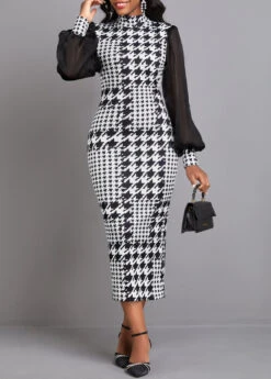 Black Split Plaid Long Sleeve High Neck Bodycon Dress