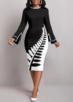 Plus Size Black Split Leaf Print Bodycon Dress