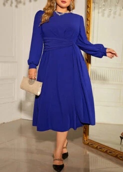 Dark Blue Plus Size Long Sleeve Round Neck Dress